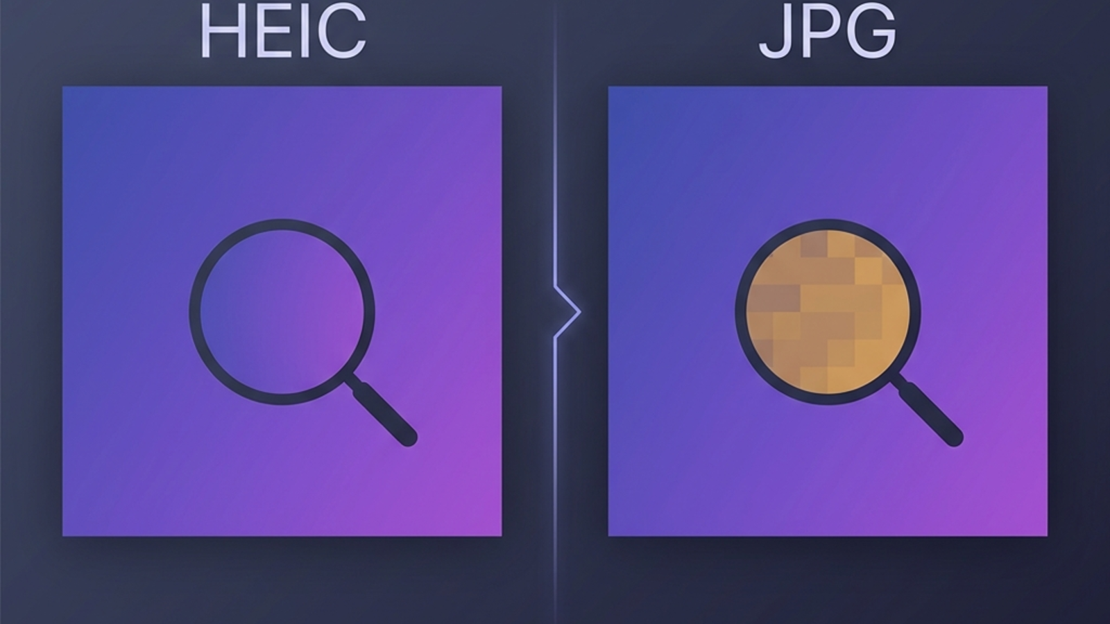 Side-by-side zoom illustration showing HEIC retaining smooth gradients while JPG shows blocky compression artifacts