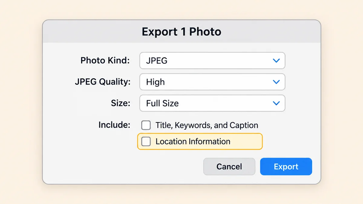 Illustration of the Photos export dialog with Photo Kind set to JPEG, JPEG Quality, and the Location Information checkbox