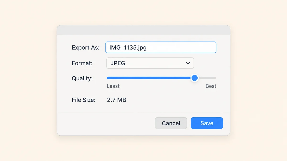 Illustration of the Preview export dialog with JPEG selected in the Format menu and the Quality slider