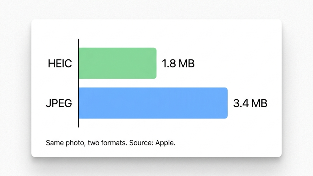 Bar chart comparing the average file size of a 12-megapixel iPhone photo saved as HEIC versus JPEG, with HEIC roughly half the size