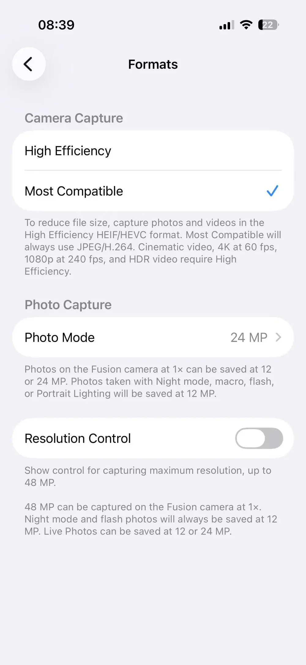 iPhone Settings, Camera, Formats screen showing how to turn off HEIC on iPhone by selecting Most Compatible so new photos save as JPEG